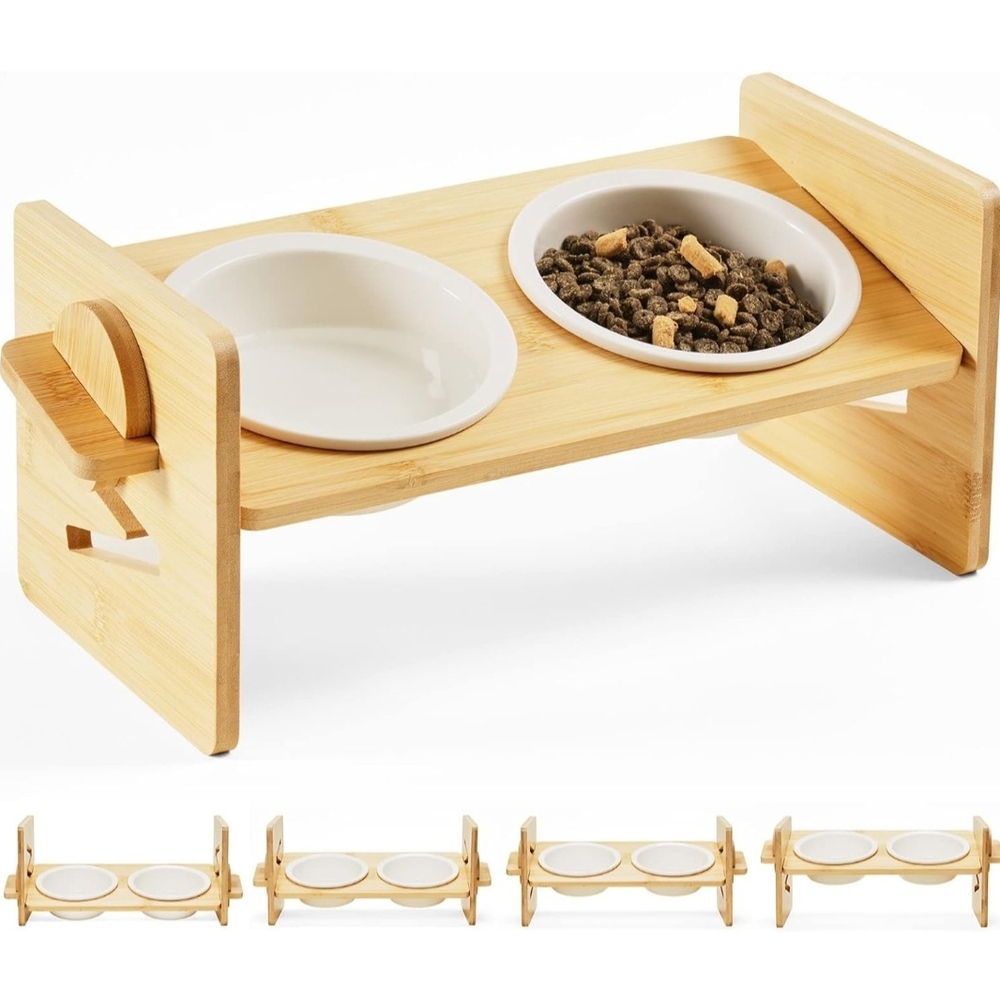 Bamboo Elevated Pet Feeder with Ceramic Bowls